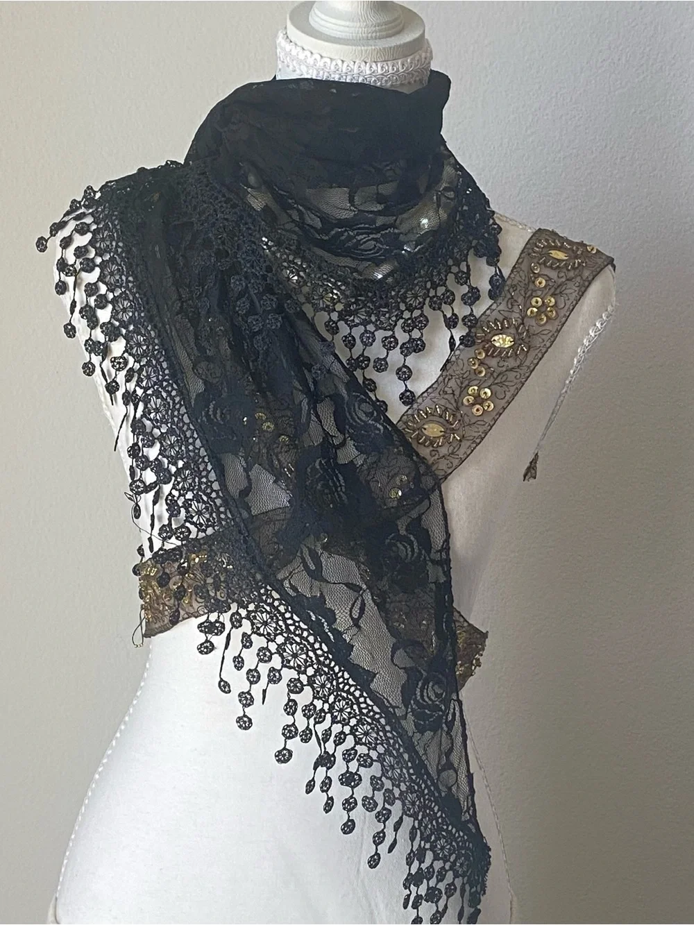 Black Lace Triangle Scarf with Beaded Fringe
